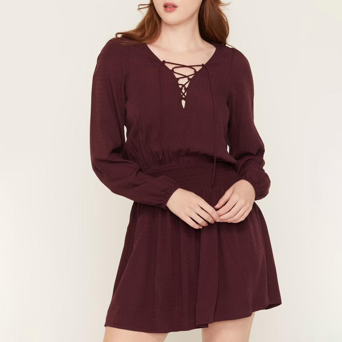 Red Lace‑Up V‑Neck Puff Long Sleeve Mini Dress